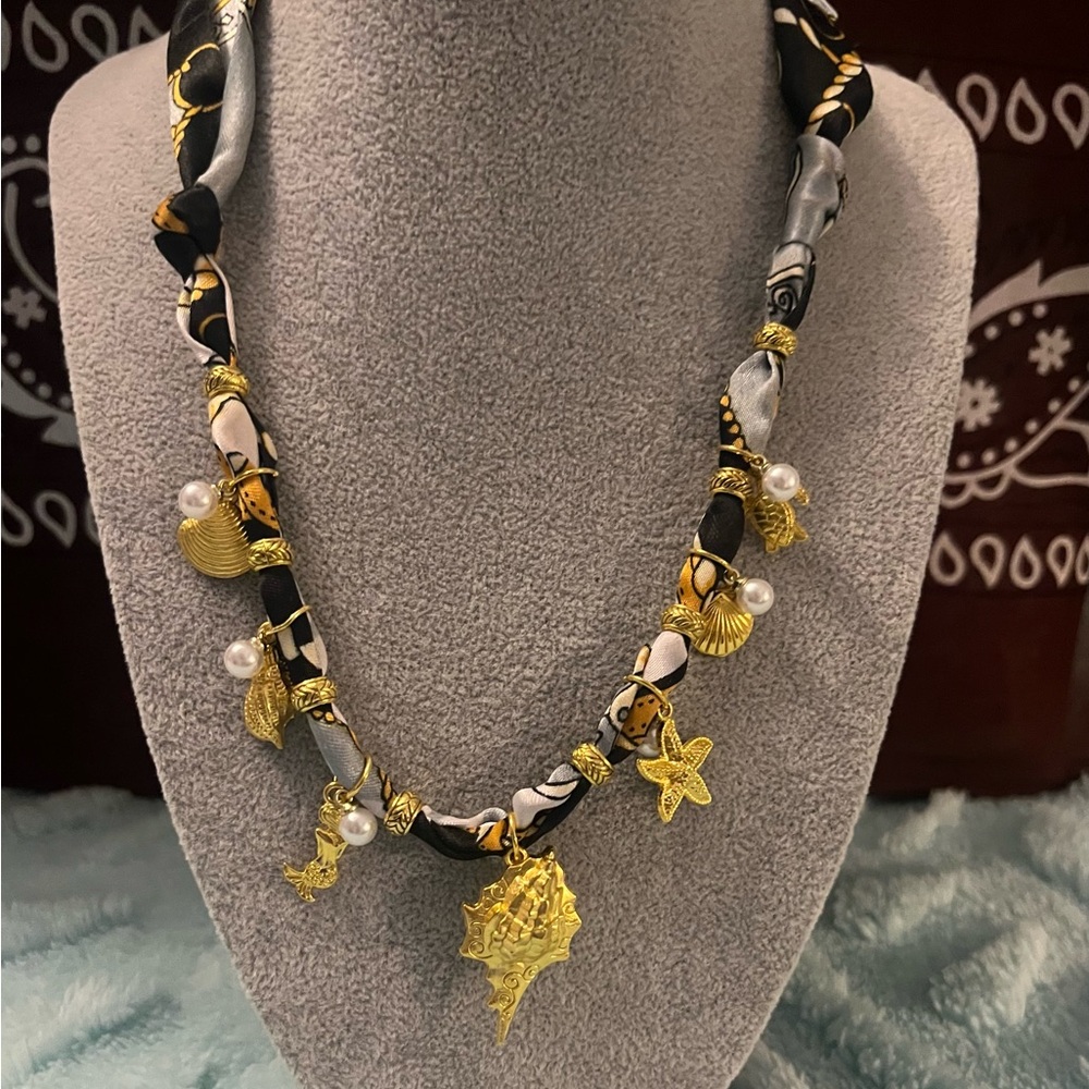 Gold Charm Seashell Boho Necklace with Navy & White Scarf
